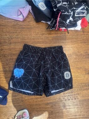 Overtime Black Geometric Athletic Shorts with Blue Heart Graphic never worn